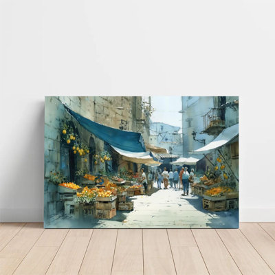 2D Flat, 1Pc Framed Canvas Wall Art, Mediterranean Market, Orange Fruits and Blue Cloth Sunshades Watercolor Freehand Style Art Print Canvas Poster Pa