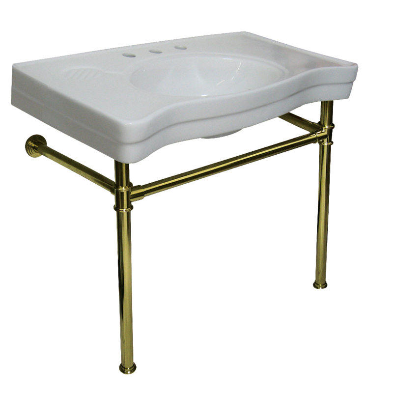 Lavabo console en laiton 36 pouces avec pieds en acier inoxydable Kingston Kingston Imperial (8 pouces, 3 trous)