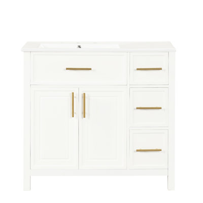 36" Bathroom Vanity Cabinet, Solid Wood & , White Finish, Sink On Left, 2 Doors, 3 Drawers With Ceramic - Painted Two Doors Three Drawers, Left Position