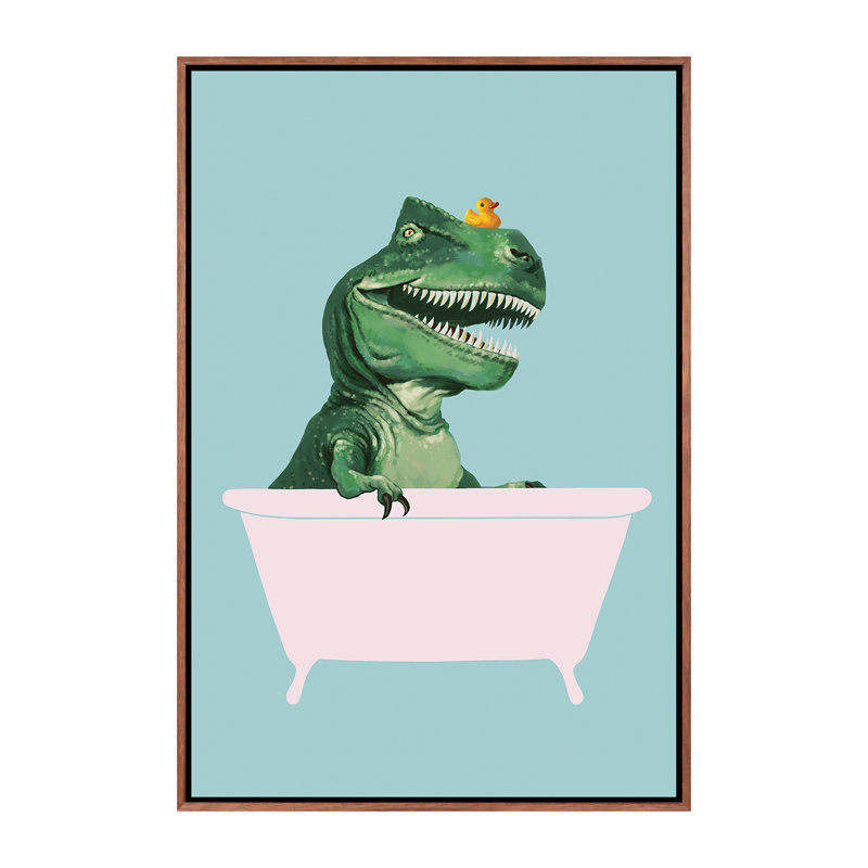 «Playful T Rex in Bathaign in Green» par Big Nose Work - impression d'art graphique, H 26 po x l 18 po x 1,5 po, Pas de tapis