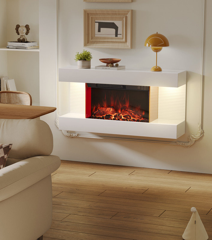 Wall Mounted Electric Fireplace With Multi Ambient Light Colors, Remote, 1800w Heater, White