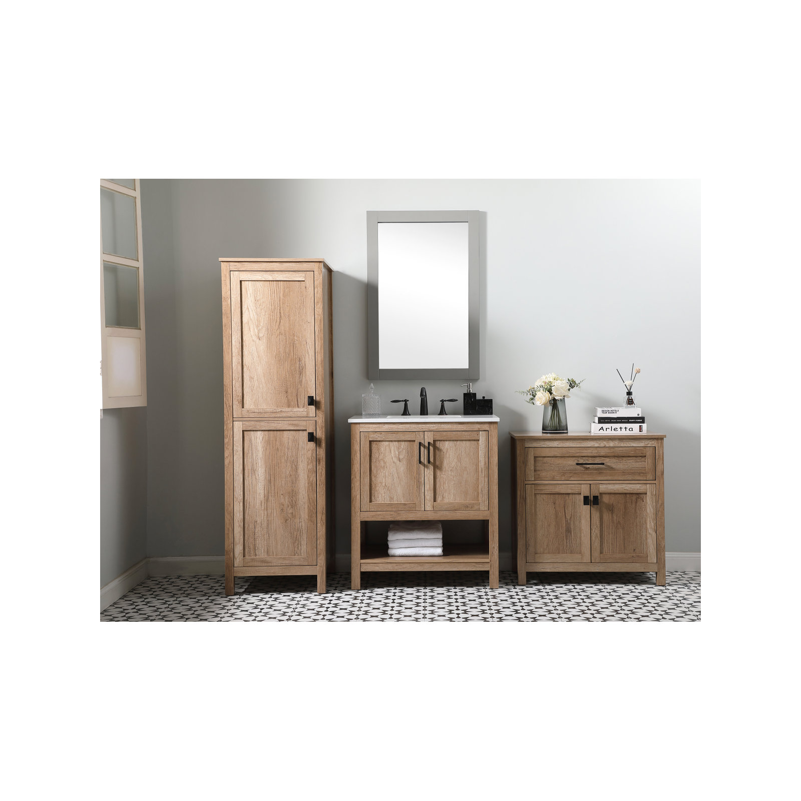 Destinymarie Linen Cabinet, Natural Oak/Matte Black, 65"H x 20"W x 22"D