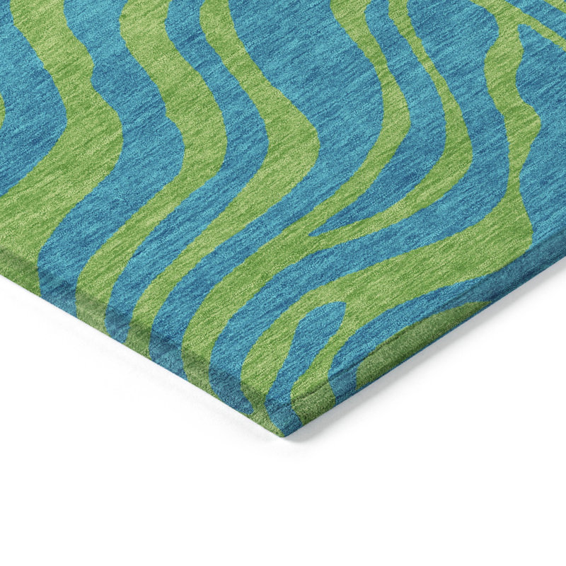 Teal and Green Zebra Pattern Washable Synthetic Area Rug