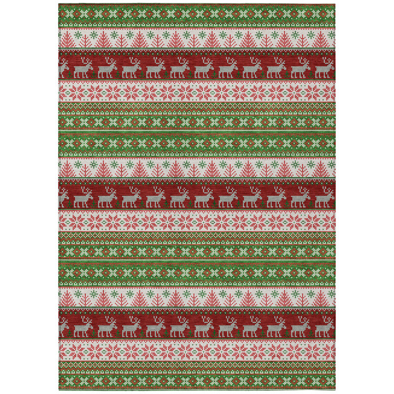 Machine Washable Indoor/Outdoor Christmas Reindeers Xhevrie Green Rug, Rectangle 5' x 7'6"