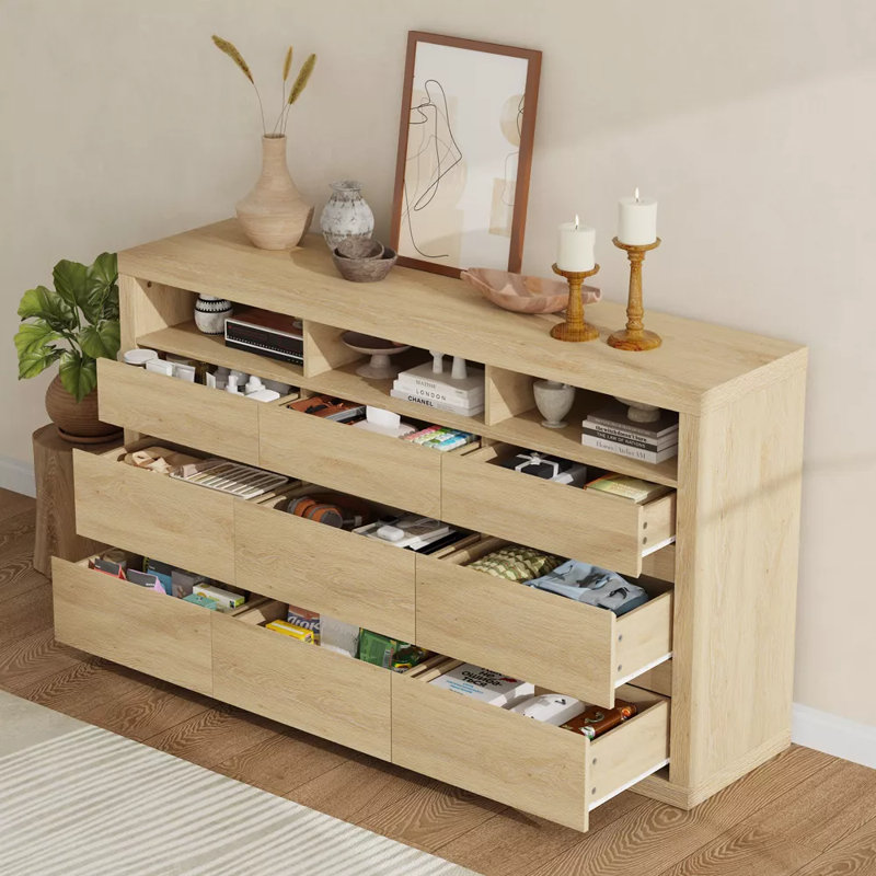 9 Drawer Modern Wooden Dresser with 3 Open Shelves, Handleless Storage Chest for Bedroom Living Room, Natural