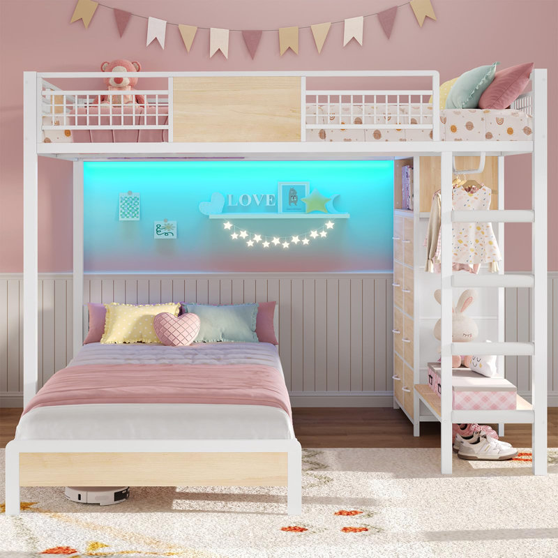 Full Over Twin Bunk Bed With 8 Storage Drawers, Metal Loft Bed With Led Lights And Storage Shelves,, White