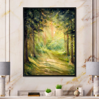 Le soleil brille à travers les arbres de la forêt - peinture sur toile