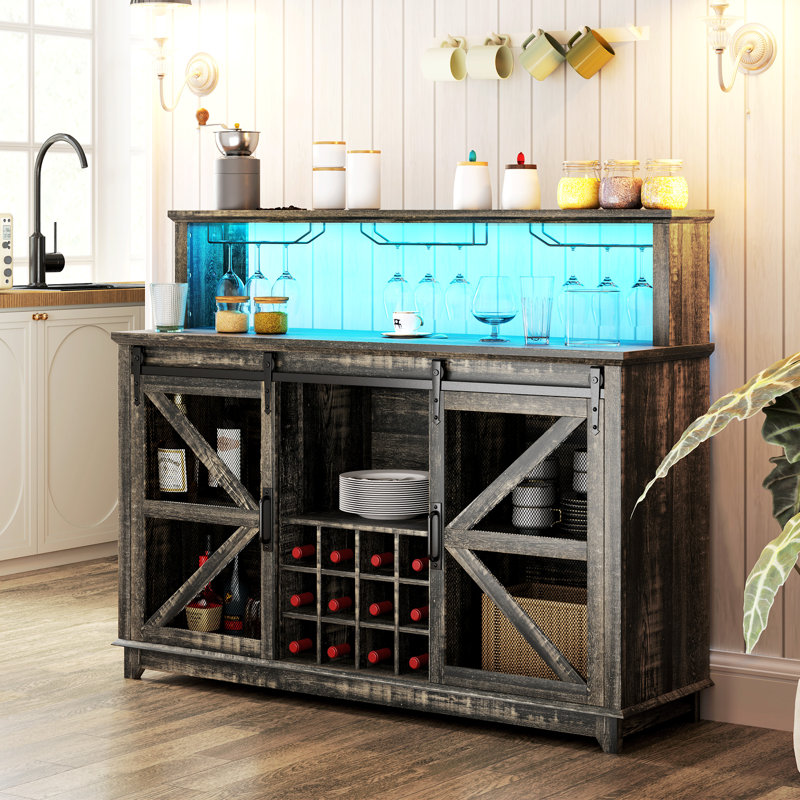 Farmhouse Wine Bar Cabinet with LED Lights, Sliding Barn Doors, 55" Coffee Bar Cabinet with Wine Racks and Glass Holder, Sideboard for Kitchen,wood