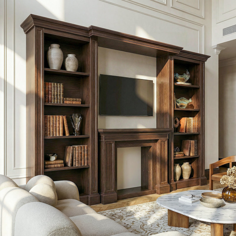 115.5'' W Electric Fireplace With 10-shelf Wood Mantel Surround, Brown