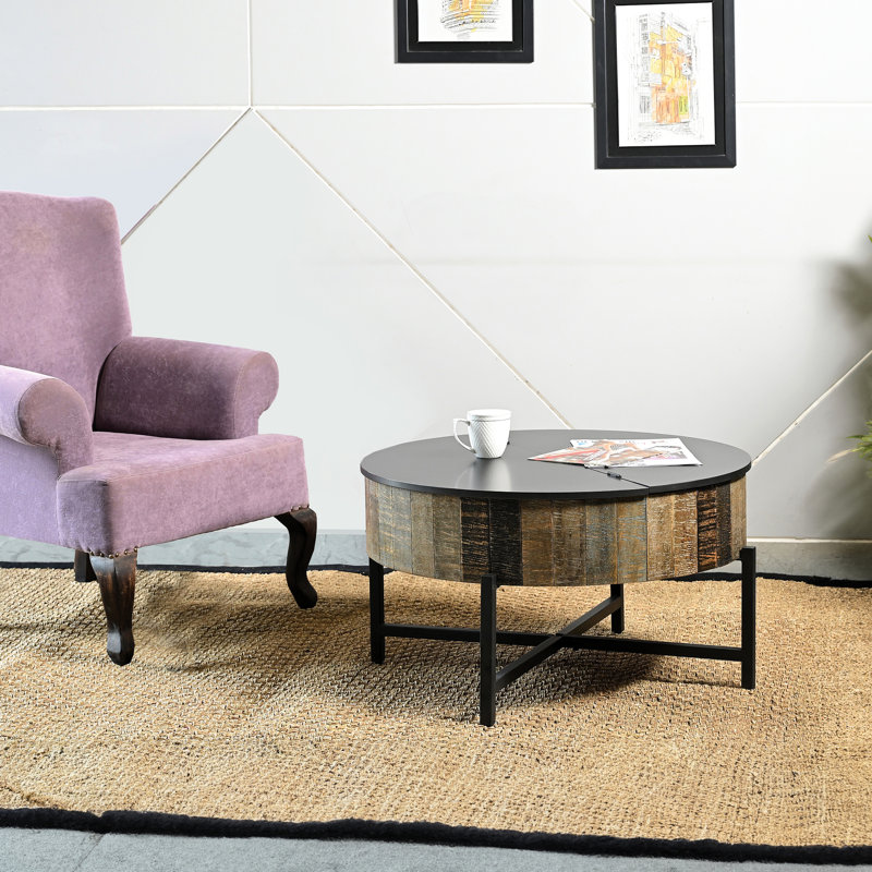 Bureau moderne et contemporain - Table basse rustique rétro en bois de manguier avec finition en fer et charnières