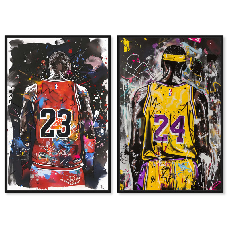 «Dynamic Duo: Graffiti Hoops», ensemble de décorations murales sur toile par Art Remedy, cadre noir, 24 x 36, Structure noire