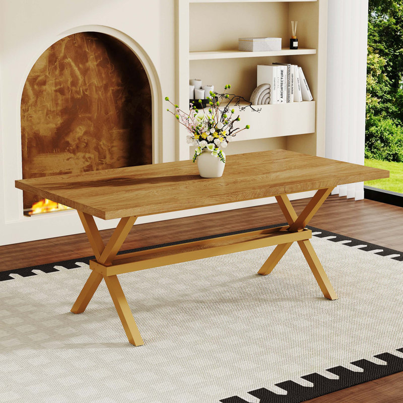 Table de salle à manger 71 po × 35,4 po en bois aggloméré épissé, support en X en métal peint par pulvérisation, table de restaurant Modern Home pour 6 à 8 personnes