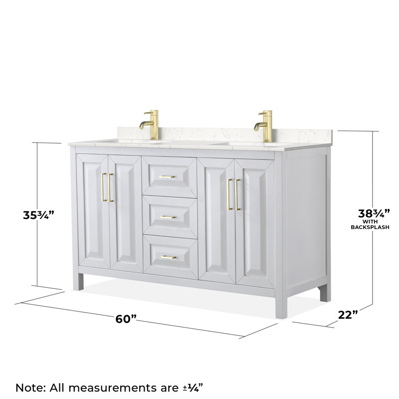 Daria 60'' W Double Vanity, White, Carrara Cultured Marble, Brushed Gold