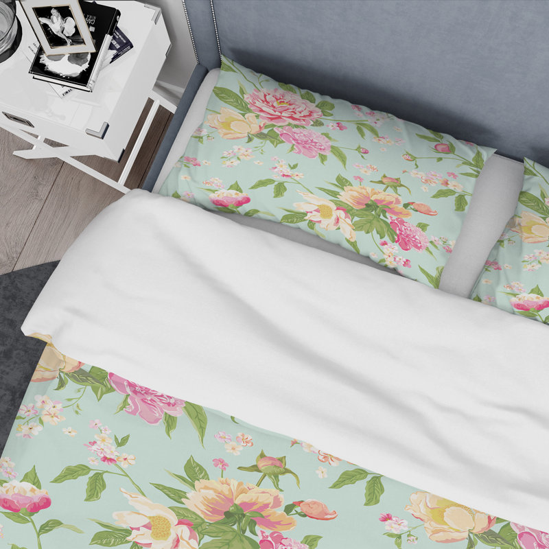 Ensemble de housse de couette rétro fleur et vert - Polyester en microfibre, Twin Duvet Cover + 2 Standard Shams