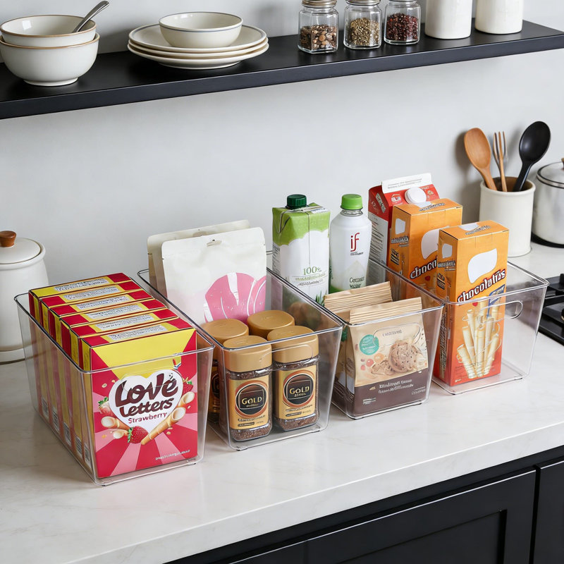 Bacs de rangement en plastique transparent avec poignées, paquet de 10 bacs de rangement empilables pour garde-manger, réfrigérateur, congélateur et armoire, sans couvercle