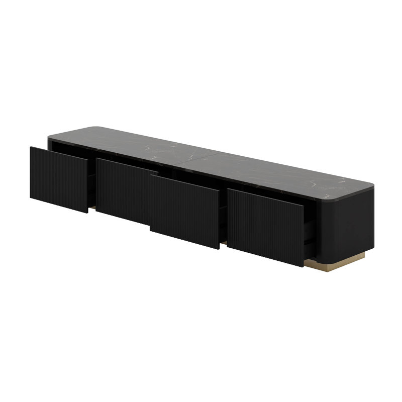 Modern Fluted TV Stand - Faux Marble Tabletop Media Console With 4 Drawers, Curved Design, Gold Base, Black