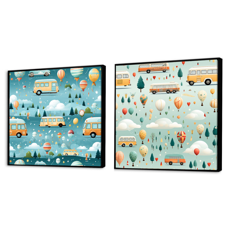 Bus à l'école, parade pour chambre d'enfant - ensemble de 2 collages carrés Hygge & Scandinavian, Cadre flottant noir