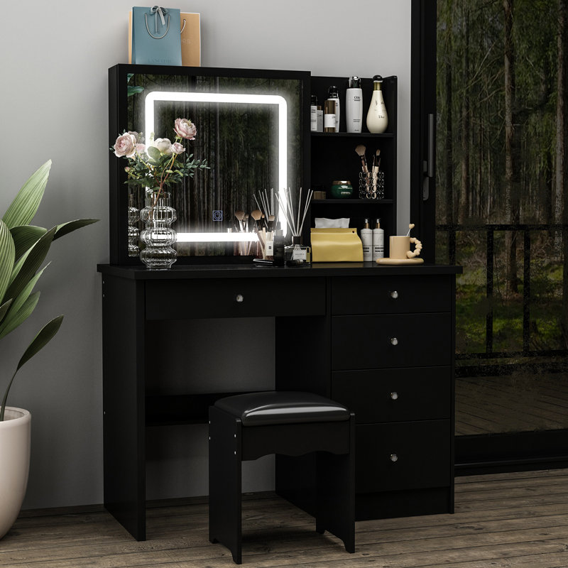 Awilda 39.4'' Wide Makeup Vanity Set with Stool and LED Mirror, Black