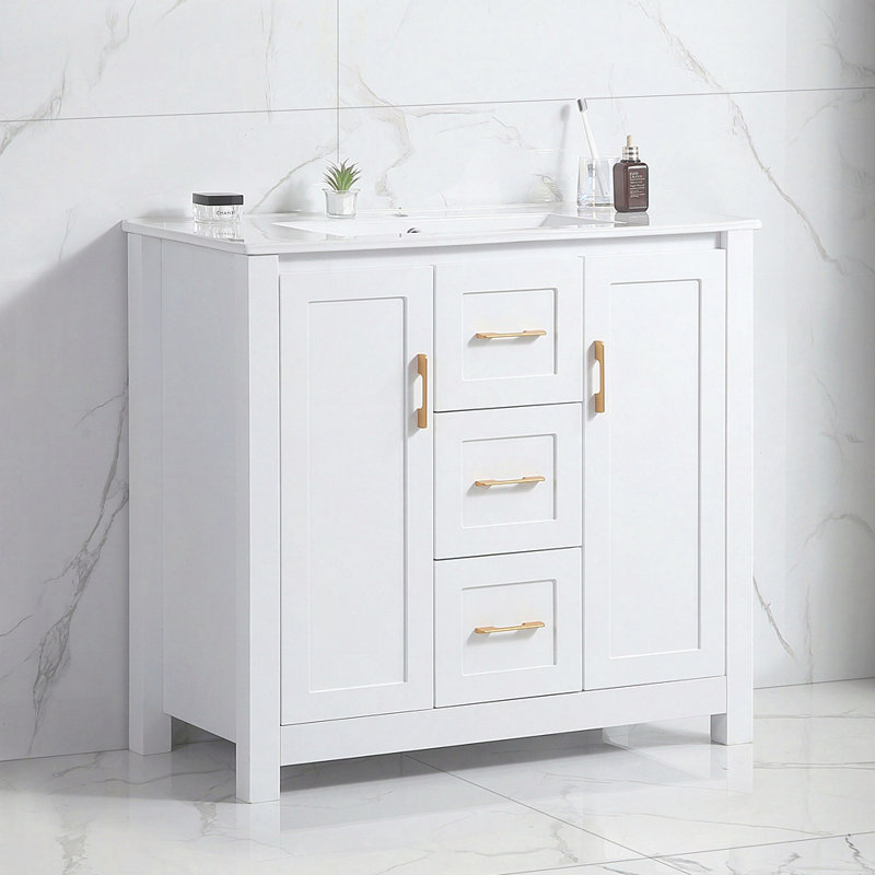 Meuble-lavabo de 36 po avec lavabo simple, meuble-lavabo sous-comptoir avec armoire, armoire de rangement avec 2 portes et 2 tiroirs, fermeture en douceur, rangement multifonctionnel
