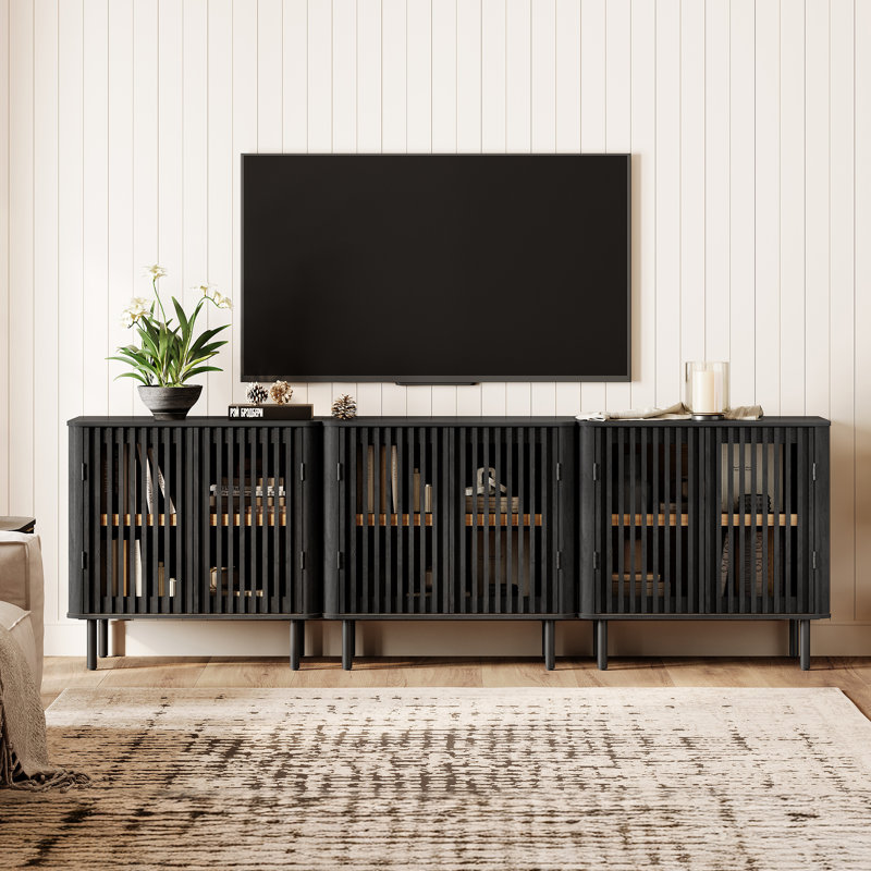 Meuble télé moderne du milieu du siècle, 240 cm de large, en bois, avec rangement pour téléviseurs jusqu'à 254 cm (100 pouces), noir.