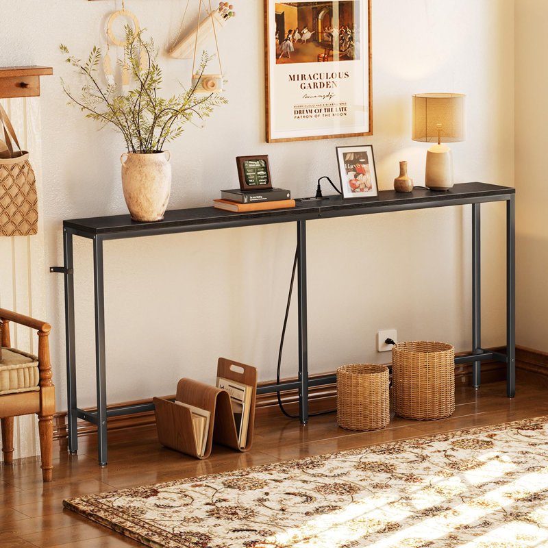 70" W Console Table with Outlet, Black, Black