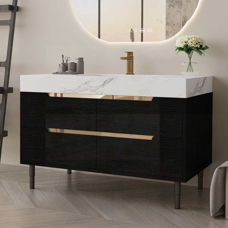 Meuble-lavabo moderne avec lavabo encastré, plateau en pierre frittée, bois massif multicouche imperméable et rangement spacieux pour une conception élégante et fonctionnelle