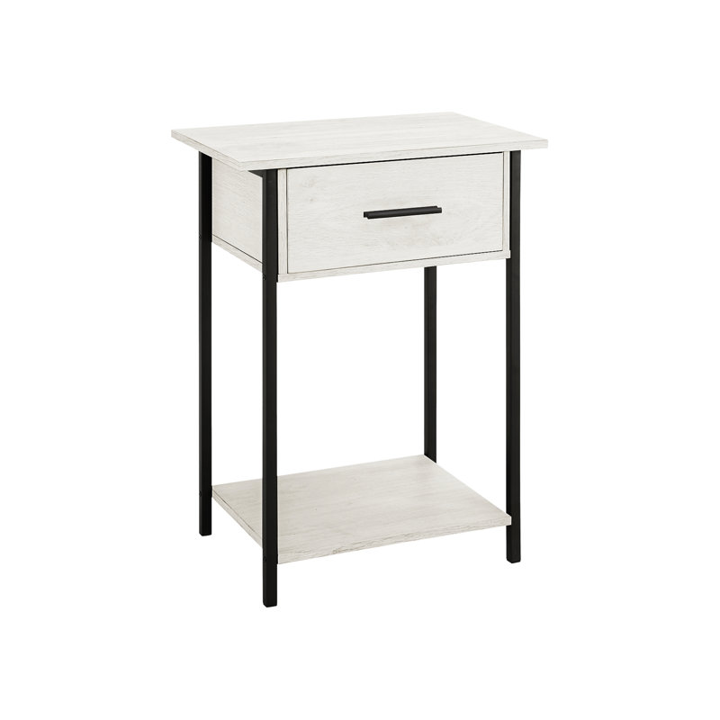 Chic Accent Table With Shelf - Washed Oak Laminate & Black Metal Look 2 Tier For Living Room And