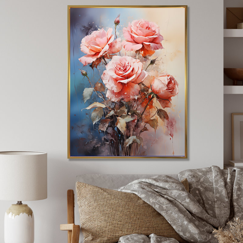 Harmonous Rose Bouquet sur toile, Cadre flottant doré, H 32 po x l 24 po x P 1 po