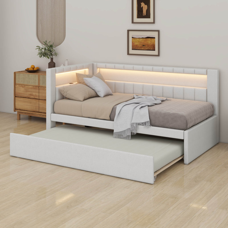 Lit plateforme tapissier simple avec ports USB et base de lit avec ceinture à DEL pour garçons, filles, adultes et lit gigogne