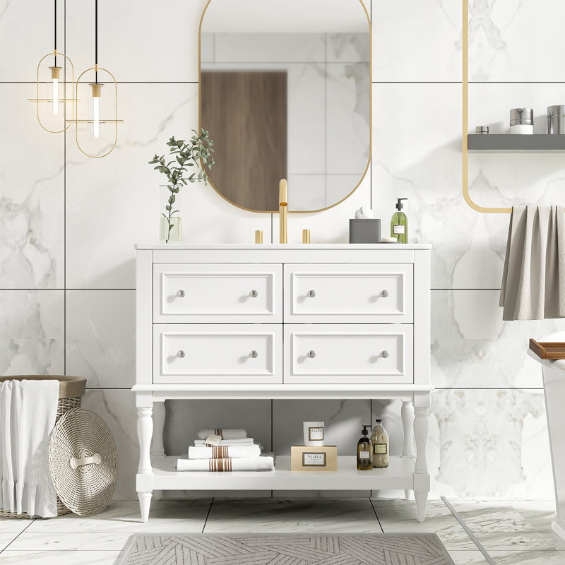 Ensemble de meuble-lavabo avec évier encastré Dancy, ensemble de meuble-lavabo autoportant avec 4 tiroirs Dancy, Blanc