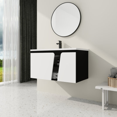 Meuble-lavabo mural flottant avec vasque en céramique et porte d'armoire à fermeture en douceur