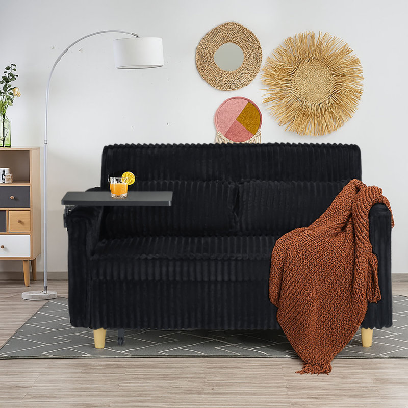 Corduroy Upholstered Convertible 2-Seater Sofa Sleeper Sofa Bed with USB Ports and Integrated Side Table, Black