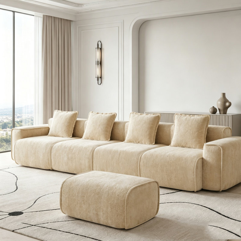 Canapé modulaire en L sans os avec repose-pieds et sans assemblage, 4-Seater & 1-Ottoman, Chameau clair