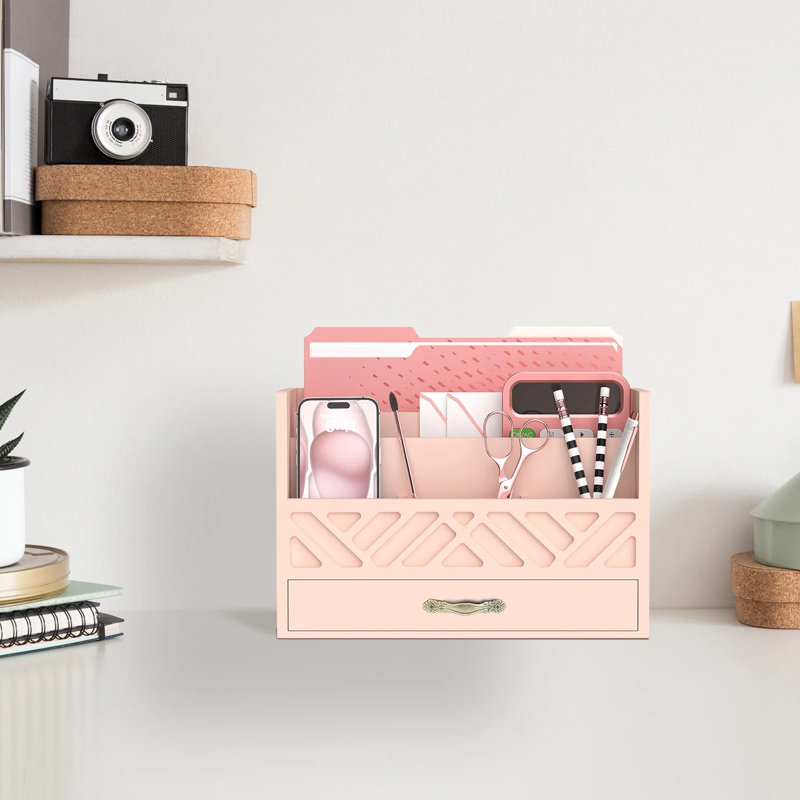 Organisateur de bureau en bois avec tiroir, support de courrier de bureau avec 5 compartiments, Rose