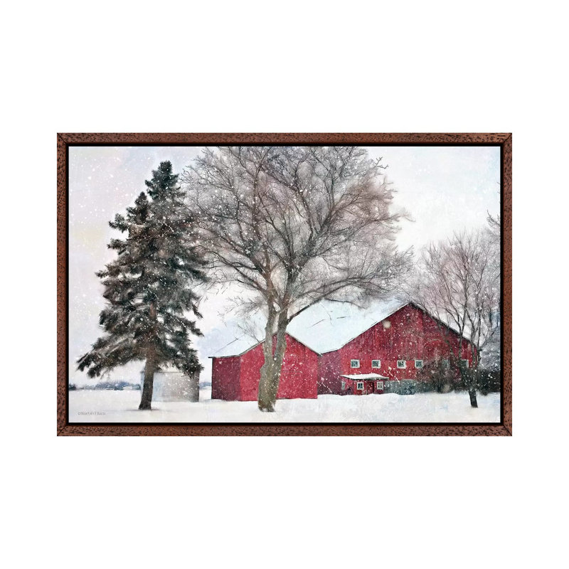 Snowy Barn by Bluebird Barn - Print on Canvas, 66.04 cm H x 45.72 cm W, Classic Brown Wood Framed