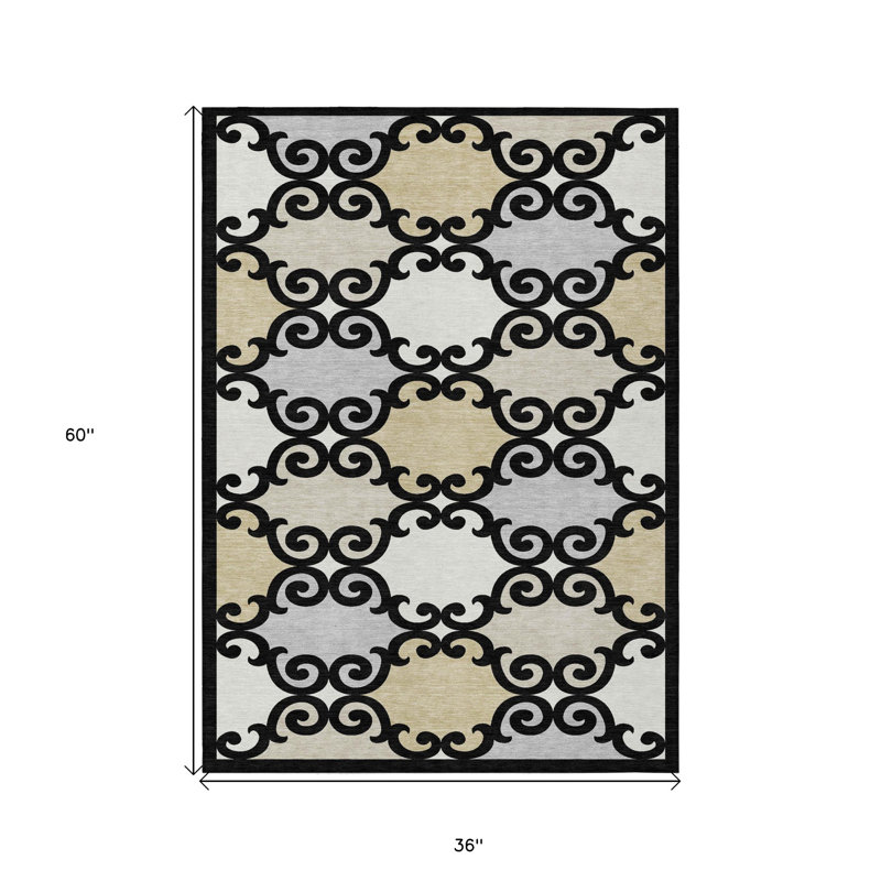 3' X 5' Black Gray And Ivory Trellis Washable Indoor Outdoor Area Rug