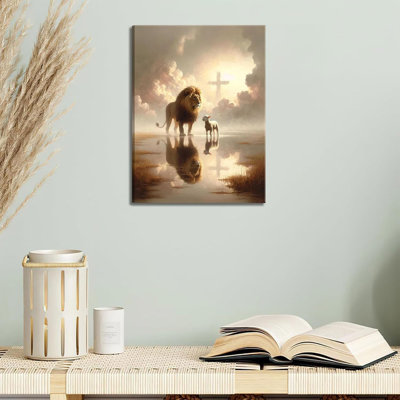 Lion And Lamb Canvas Wall Art Lion Of Judah Clouds Cross Painting Picture Wall Decor God Christian Religious Poster Print Artwork For Church Living Room Bedroom Home Decoration