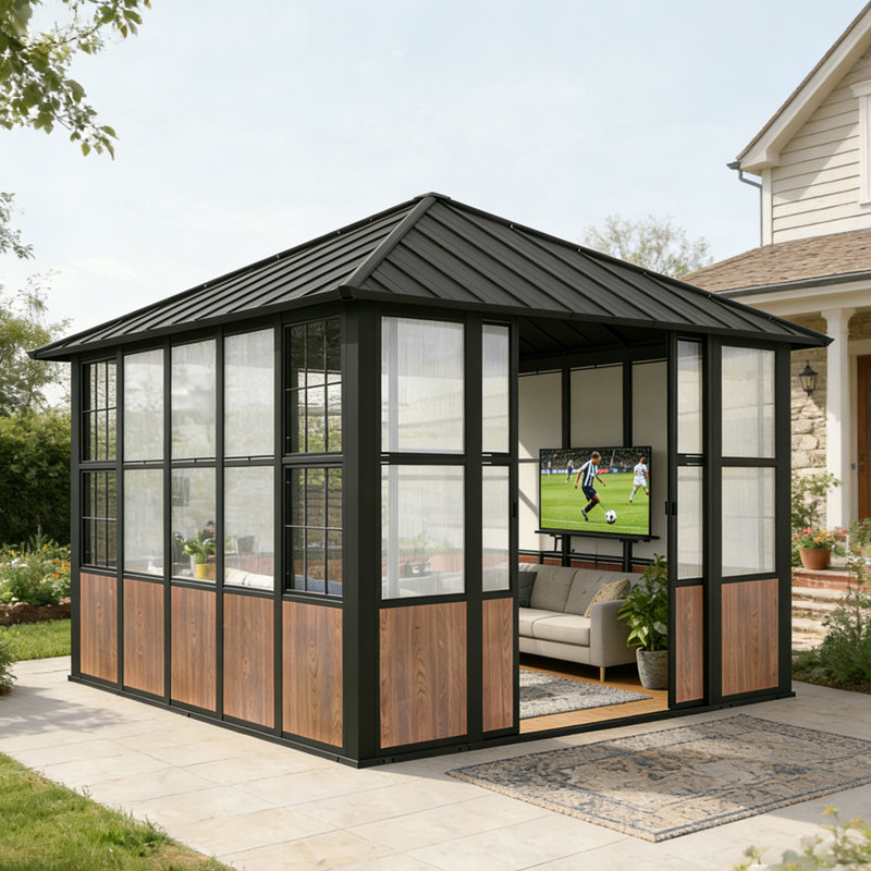 Berkely 12'X 12'. Aluminum Patio Hardtop Gazebo,Single Top Outdoor Screen Sunroom House With TV Bracket And Charging Socket