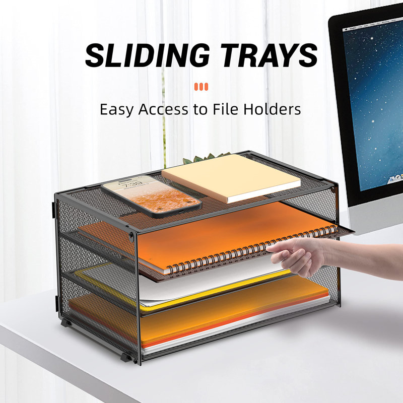 Organisateur de bureau en maille métallique noire avec 3 plateaux et tablette supérieure - Solution de rangement de bureau élégante et peu encombrante