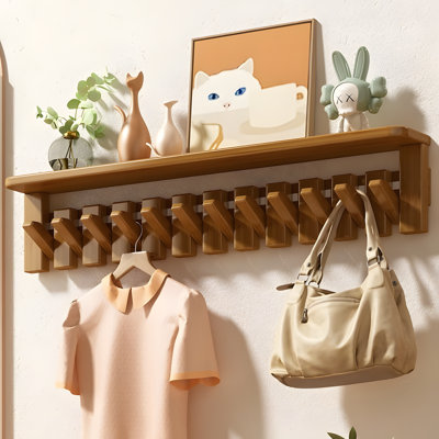Wooden Piano Key Wall Mounted Coat Rack With Shelf - Space Saving Entryway Organizer For Hats, Coats And Accessories