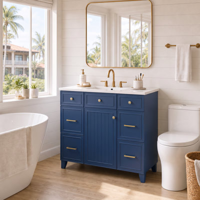 36 Inch Bathroom Vanity with Ceramic Sink, Solid Wood Frame, Soft‑Close Doors, Adjustable Shelves, 3 Drawers Including Double‑Depth Drawer for Hair Dryer, Blue