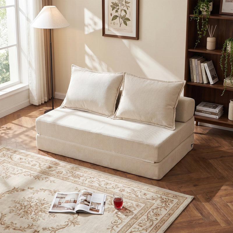 Canapé-lit 47 po pliable en velours côtelé avec 2 coussins sans assemblage requis, Beige