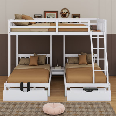 Bunk Bed, Triple Bunk Bed With Drawers And Guardrails