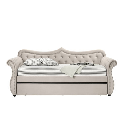 Beige Linen Daybed With Trundle (twin) - Fully Upholstered, Wooden Legs, Button And Nailhead Trimmed Detailing, 8" Mattress Recommended, 330lbs Capacity Twin Upholstered Bed Frame, & Trimmed, Not