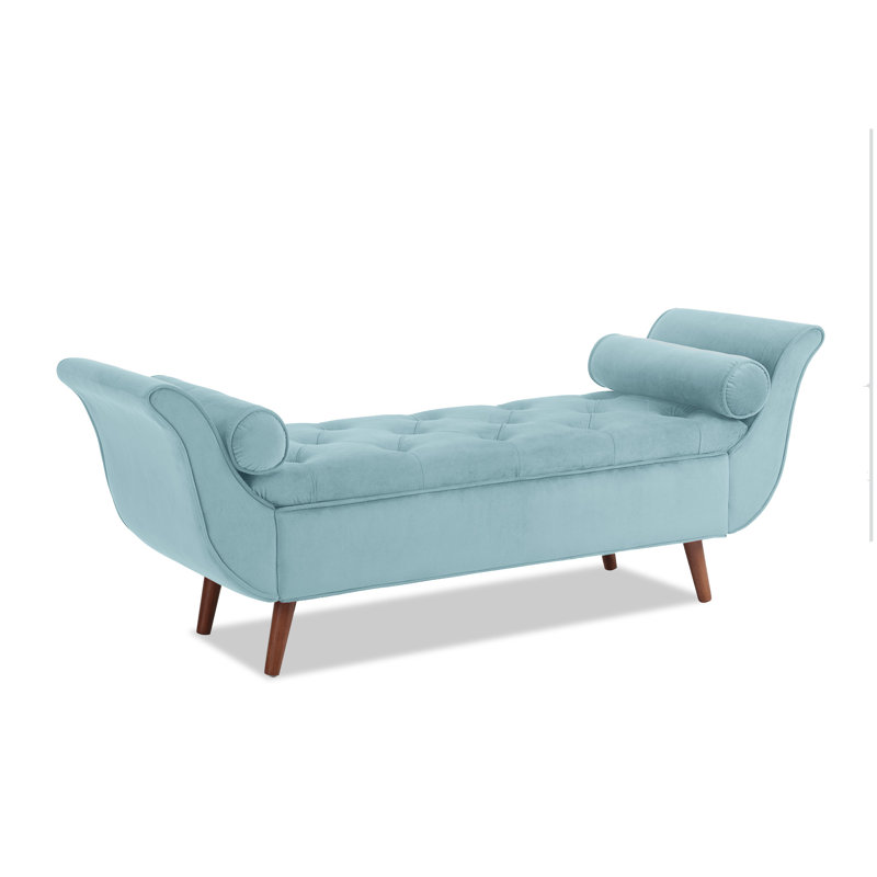Blue Velvet Upholstered Storage Bench with Roll-Arm