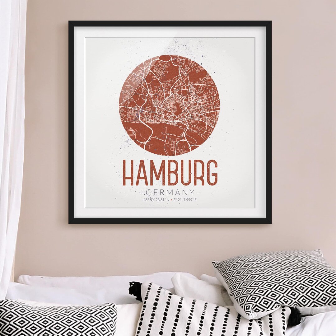 Gerahmtes Papierbild Stadtplan Hamburg - Retro