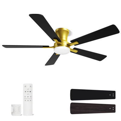 Flush Mount Low Profile Ceiling Fan with Light and Remote, 52 Inch | Modern 5-Blade, 8 Speeds, 3CCT, Timer, Reversible, Quiet, LED, For Bedroom, Living Room, Indoor/Outdoor Patio Use, Gold Black
