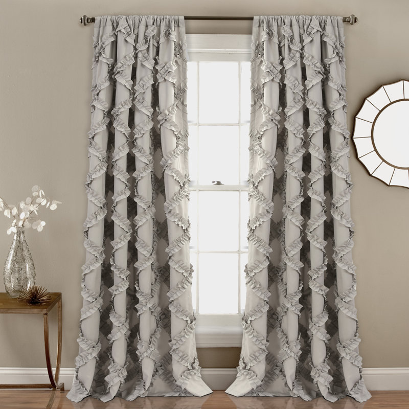 Ruffle Diamond Semi Sheer Curtain Pair, Ivory, 54"W x 84"L