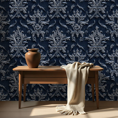 Murale auto-adhésive amovible en cuir damassé argenté bleu foncé en vinyle imperméable pour la salle de bain