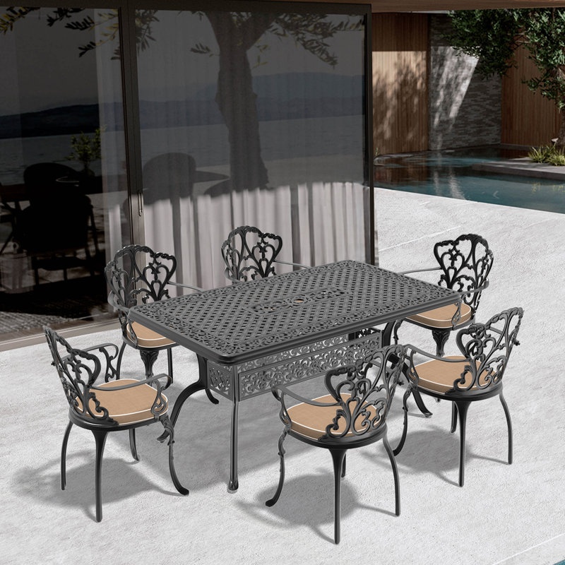 Tameia Patio Dining Set with , Off-White Cushions Included, 22.05'' D x 21.65'' W x 35.83'' H, 6